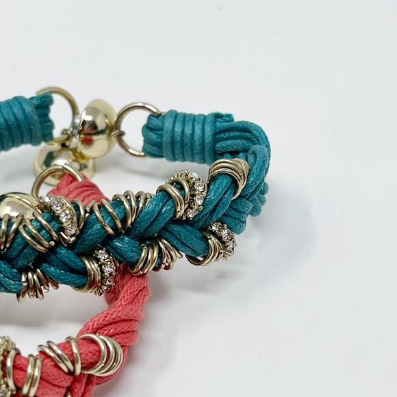 Boutique Set of 2 Braided Embellished Bracelets Teal Red Gold Tone Rhinestones - Picture 2 of 11